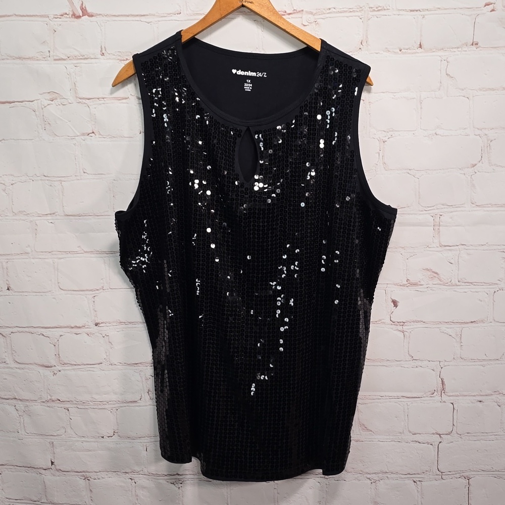 Denim 24/7 Elegant Black Sequins Tank Top Womens Size 1x